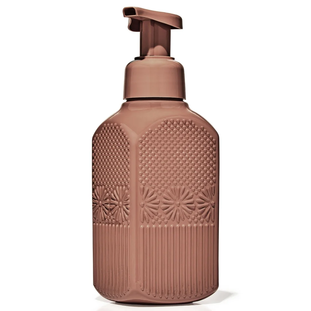 Bath Body Works Tan Floral Glass Foaming Hand Soap Dispenser NEW Rare